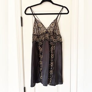 In Bloom Black Satin Slip with Gold Peekaboo Lace size large